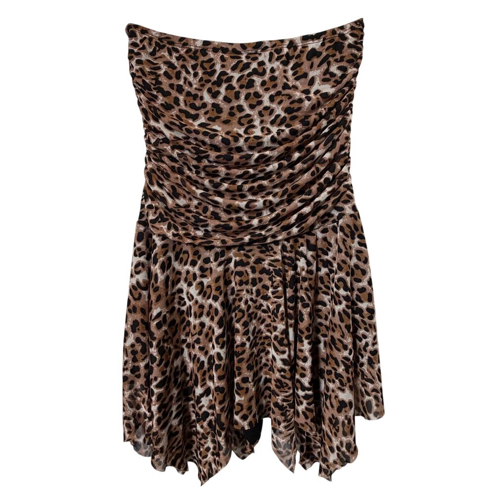 Lg Y2K Vtg Charlotte Russe Leopard Mini Dress Strapless Ruched Handkerchief Hem - Picture 5 of 5